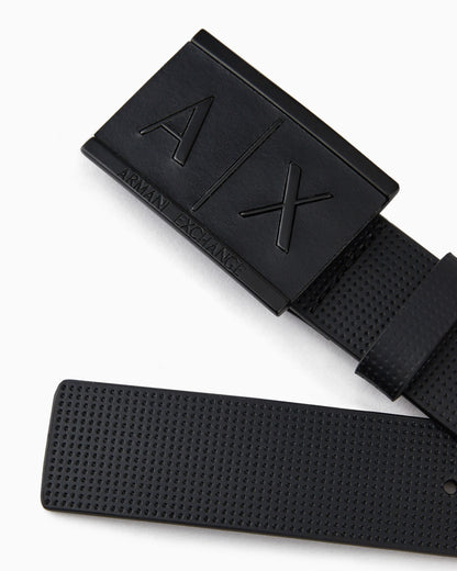 Textured leather belt with an embossed logo buckle