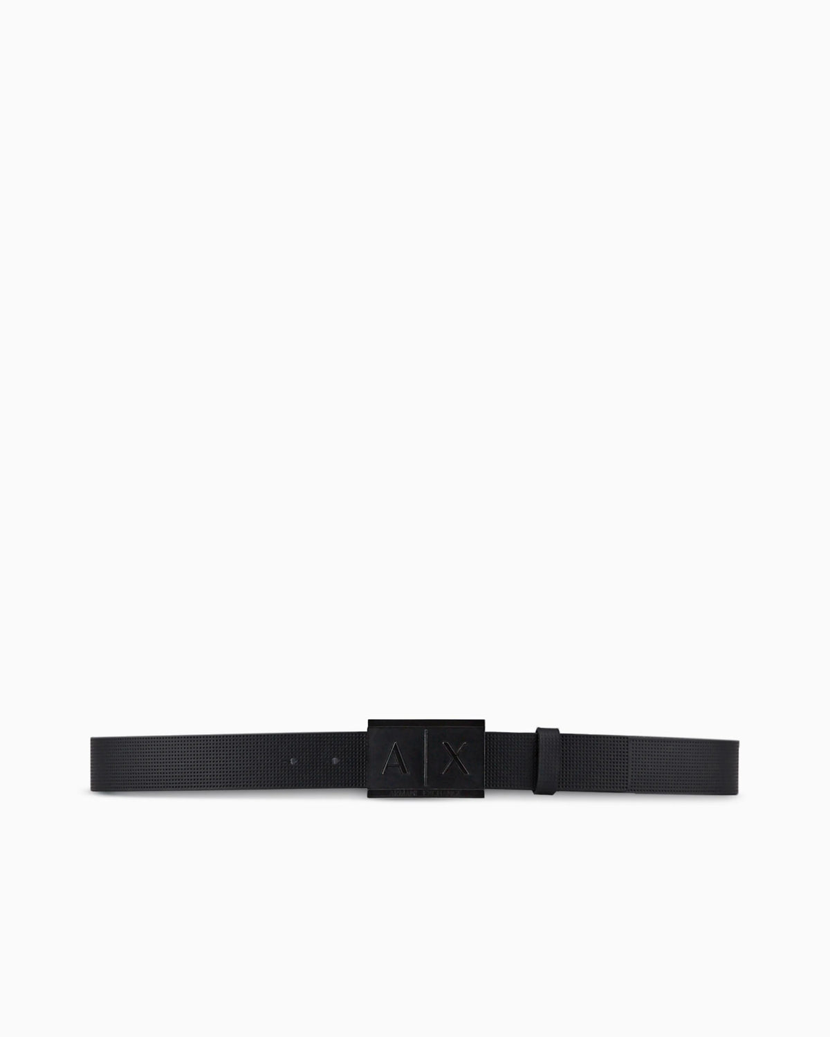 Textured leather belt with an embossed logo buckle