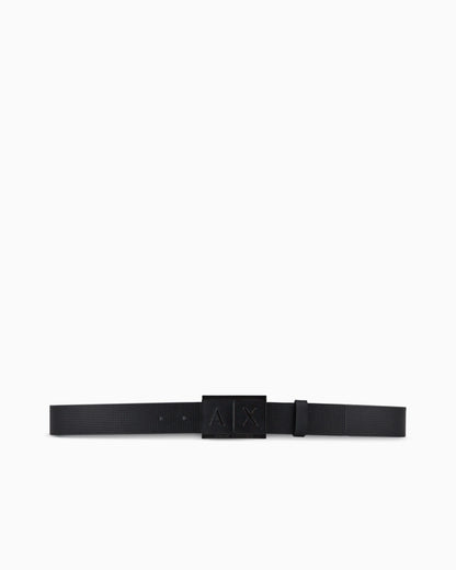 Textured leather belt with an embossed logo buckle