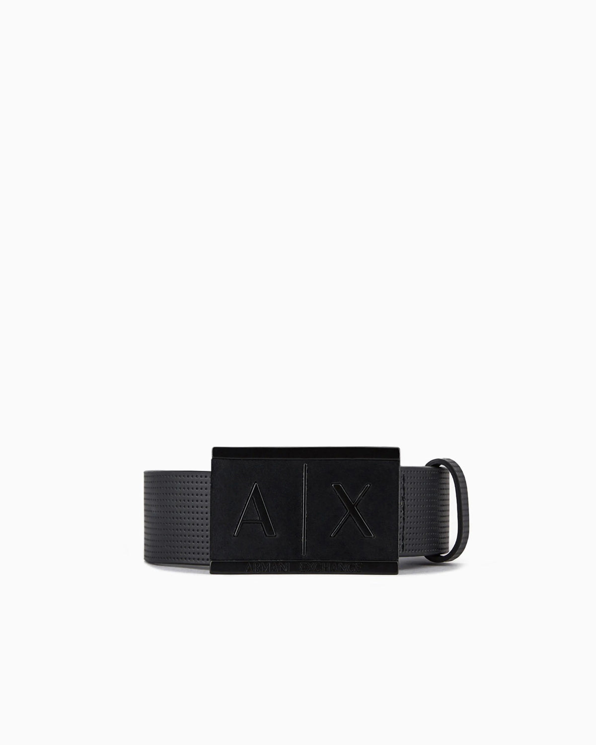 Textured leather belt with an embossed logo buckle