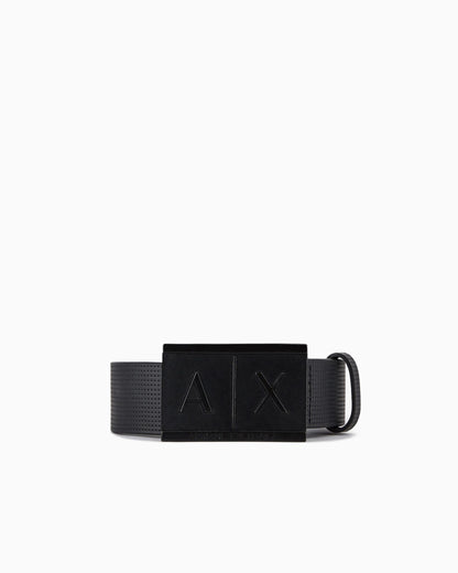 Textured leather belt with an embossed logo buckle