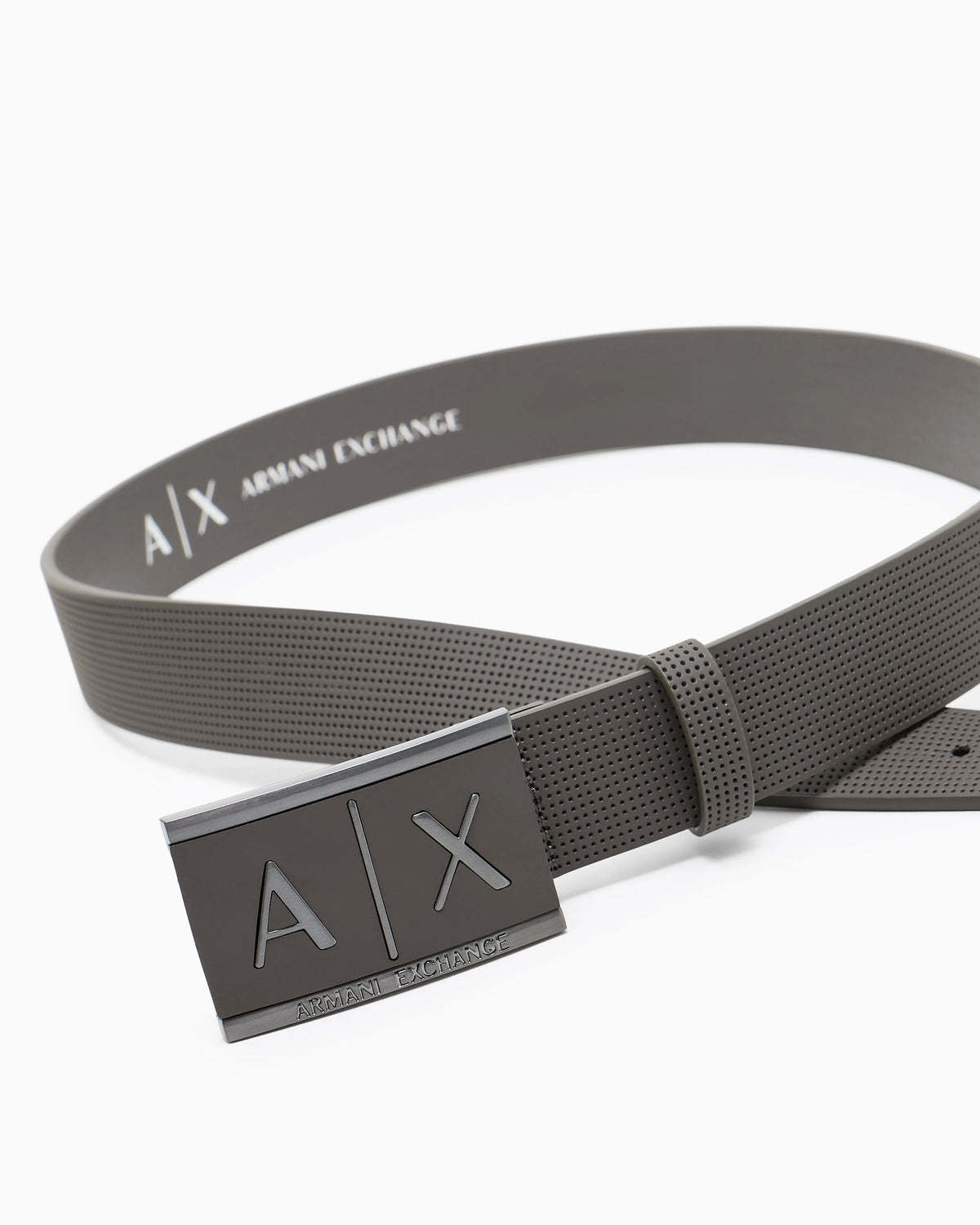 Textured leather belt with an embossed logo buckle