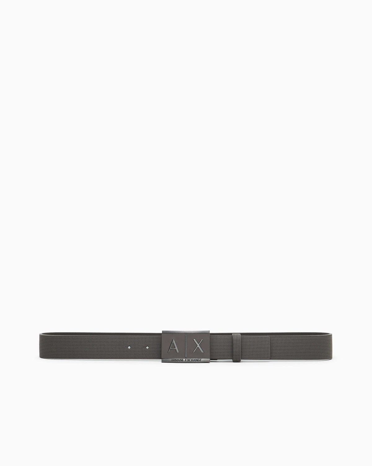 Textured leather belt with an embossed logo buckle