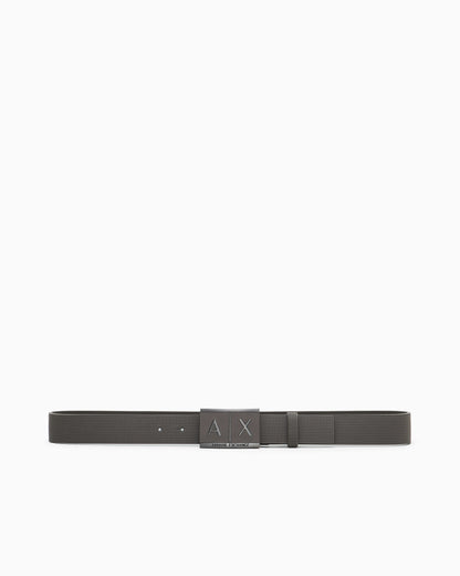 Textured leather belt with an embossed logo buckle
