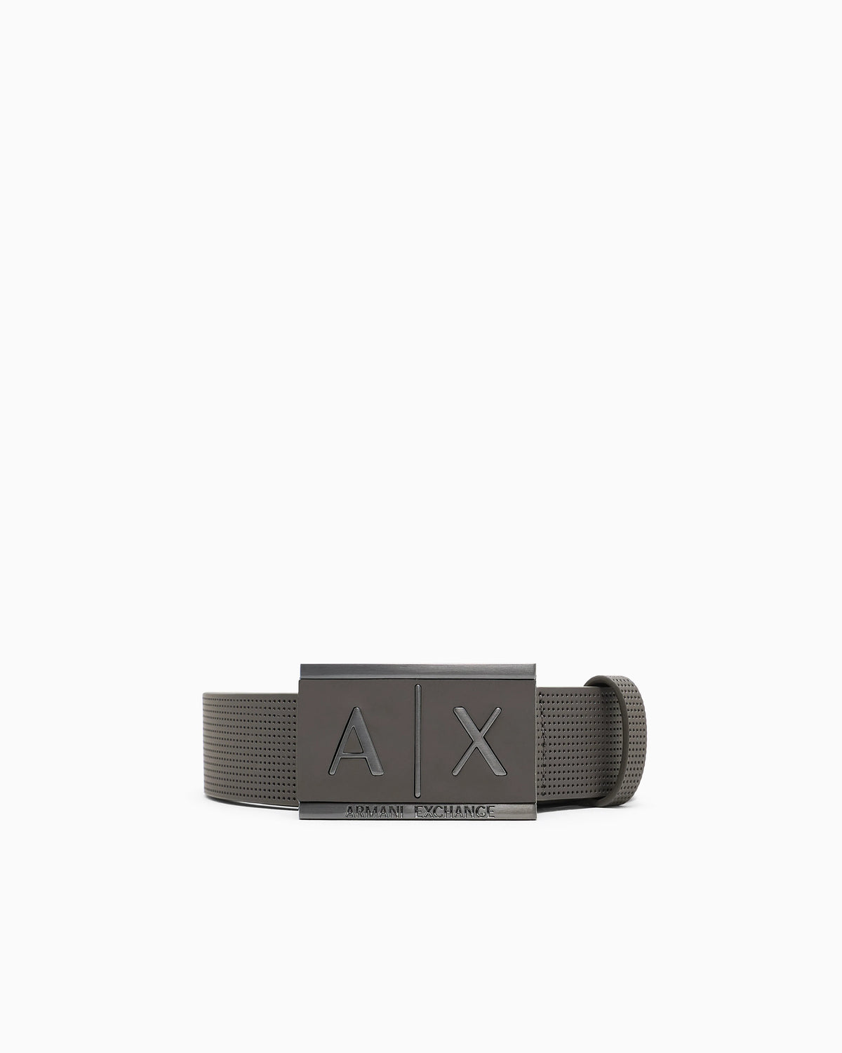 Textured leather belt with an embossed logo buckle