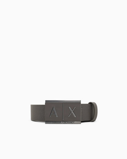 Textured leather belt with an embossed logo buckle