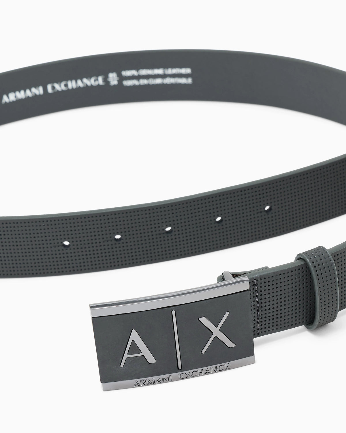 Textured leather belt with an embossed logo buckle