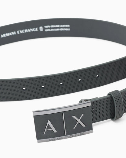 Textured leather belt with an embossed logo buckle