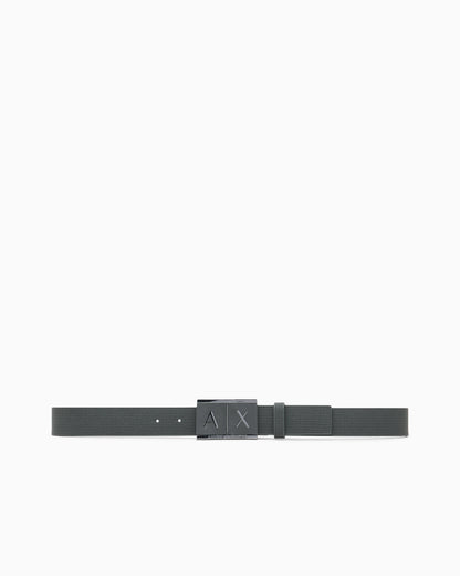 Textured leather belt with an embossed logo buckle
