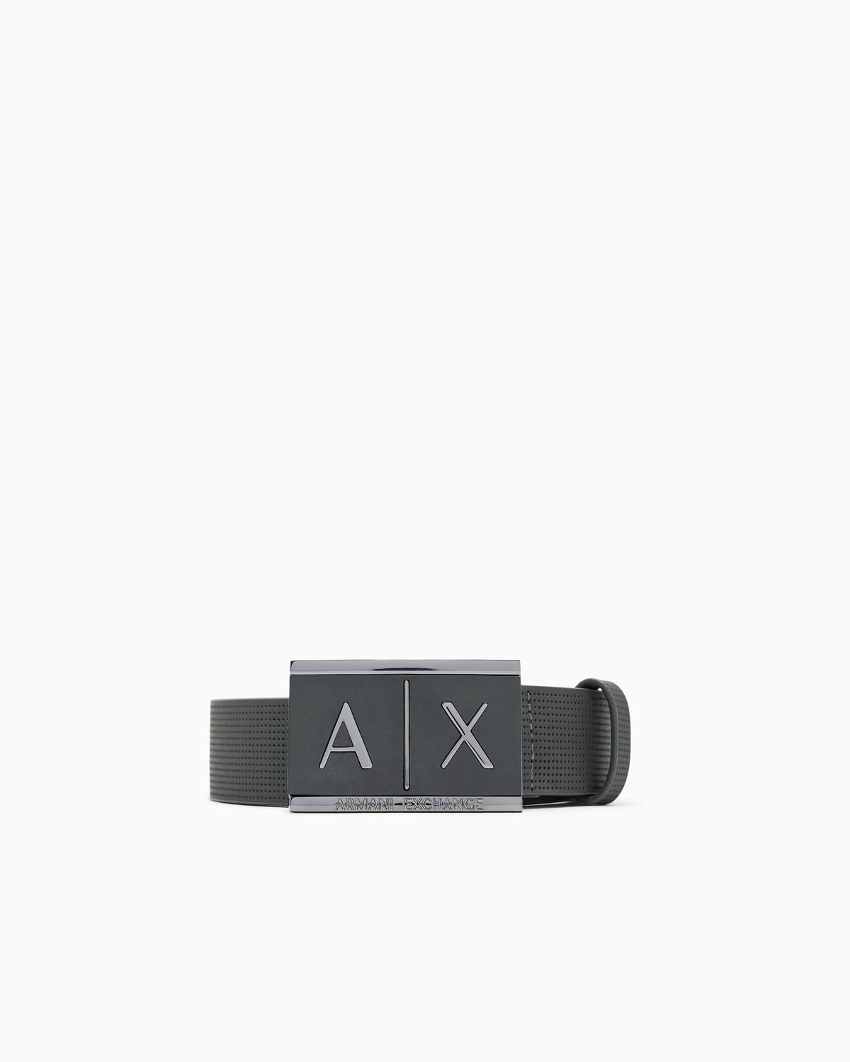 Textured leather belt with an embossed logo buckle