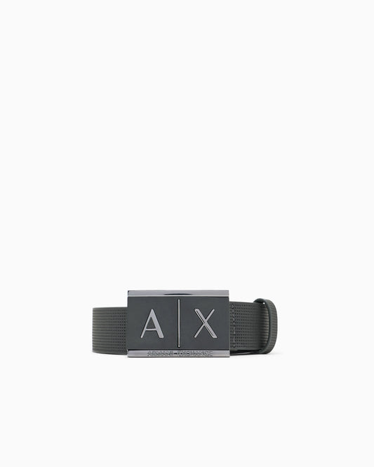 Textured leather belt with an embossed logo buckle