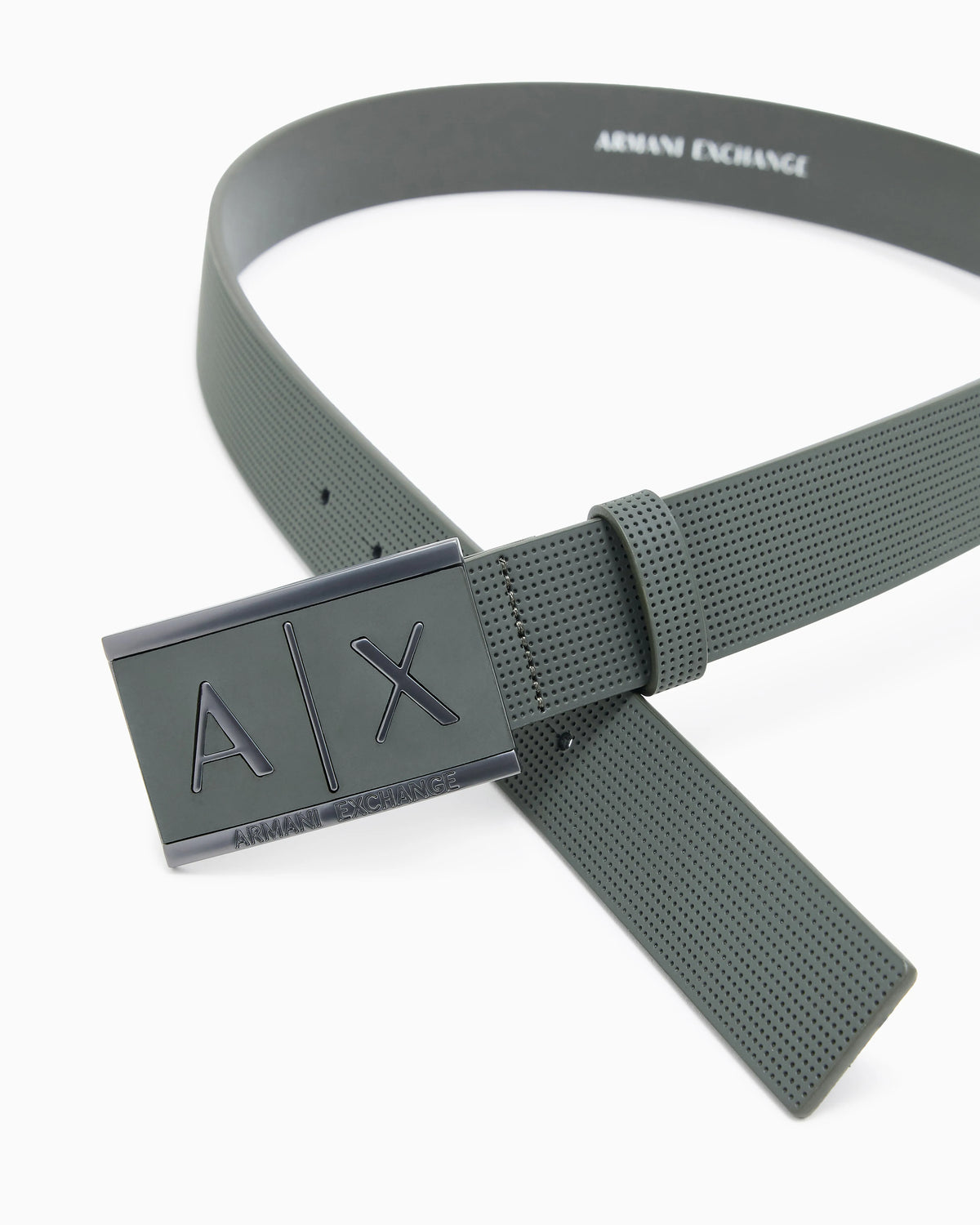 Textured leather belt with an embossed logo buckle