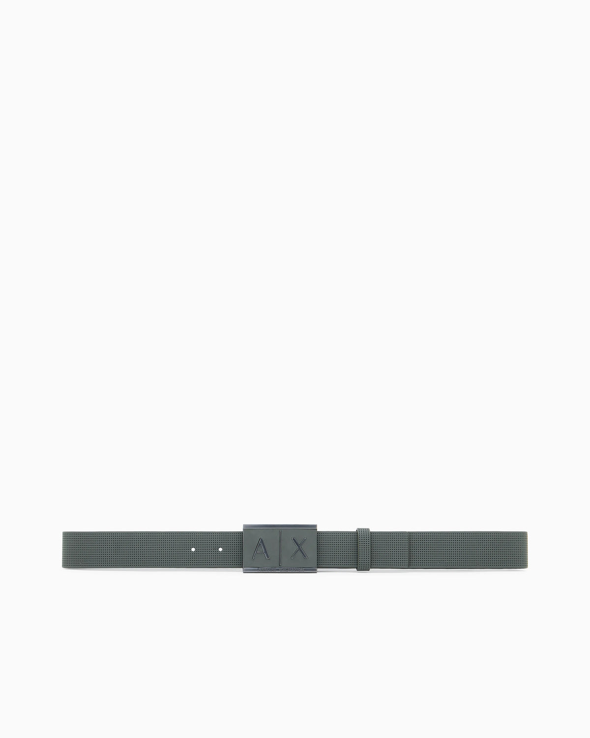 Textured leather belt with an embossed logo buckle