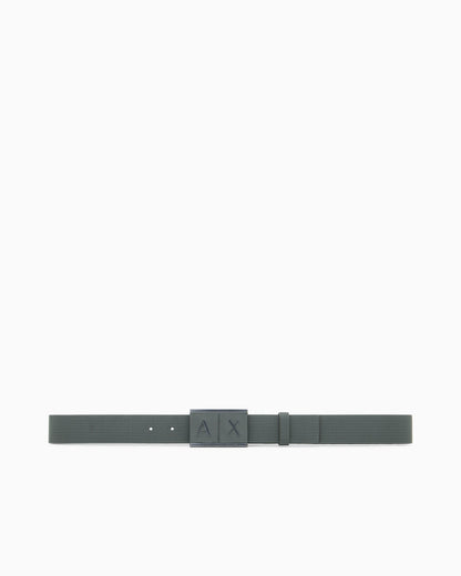 Textured leather belt with an embossed logo buckle