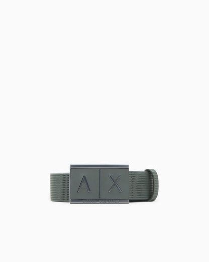 Textured leather belt with an embossed logo buckle