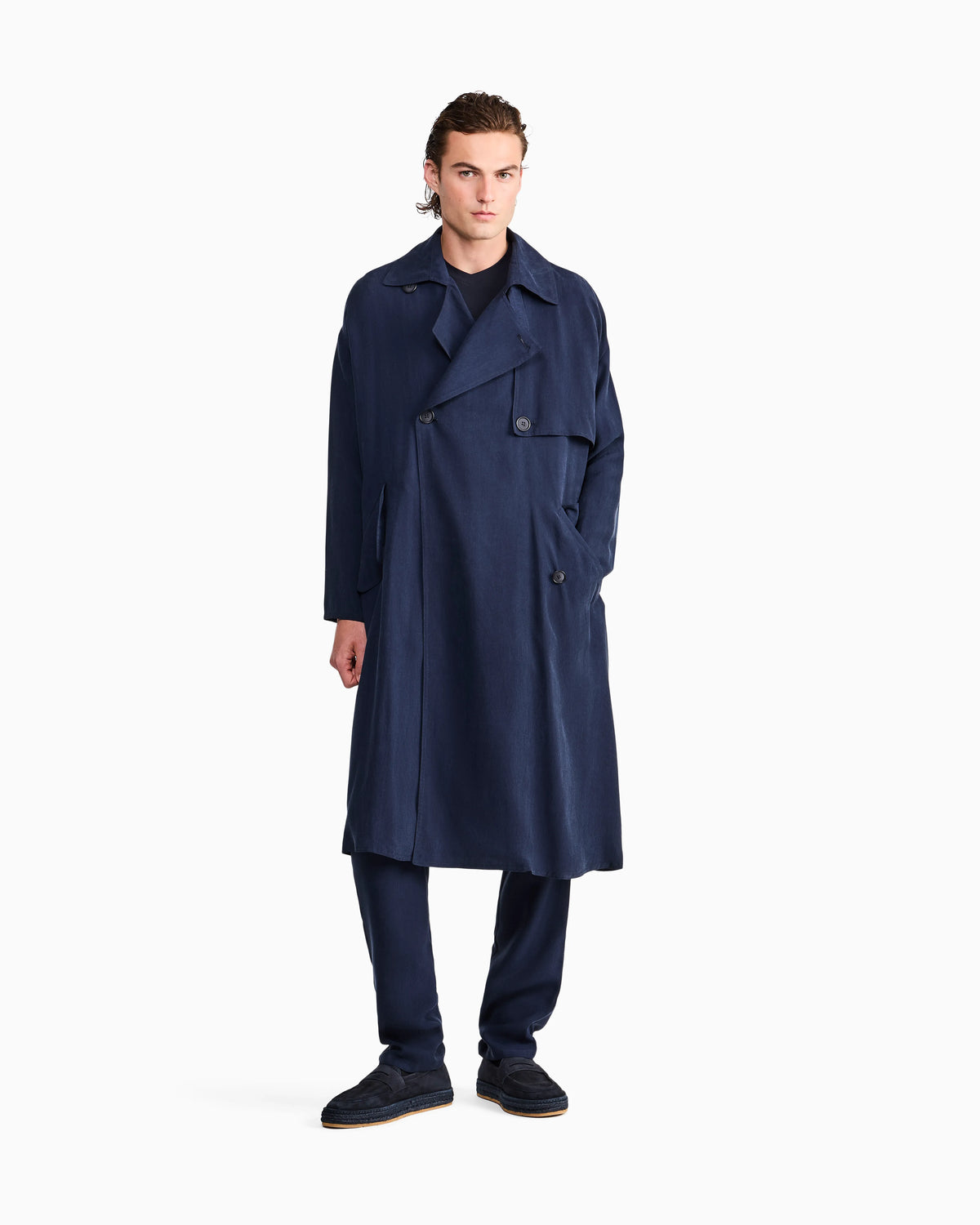 Double-breasted washed cupro coat with a belt Icon