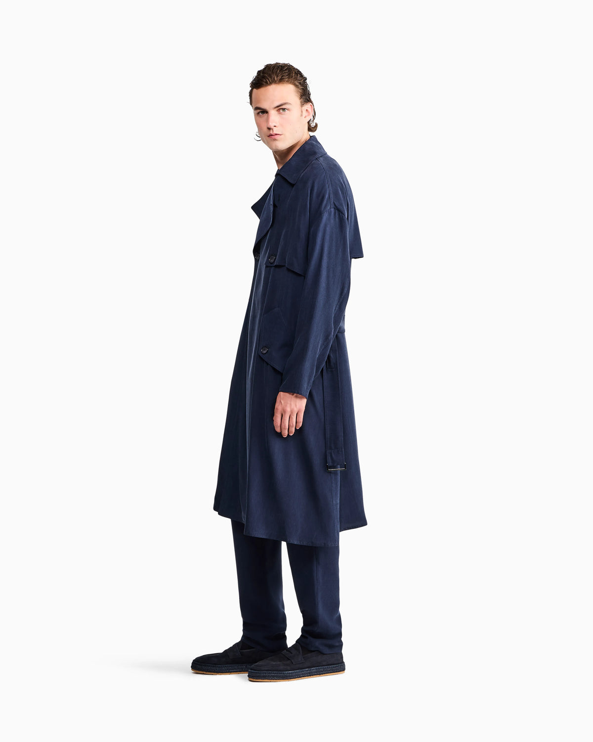 Double-breasted washed cupro coat with a belt Icon