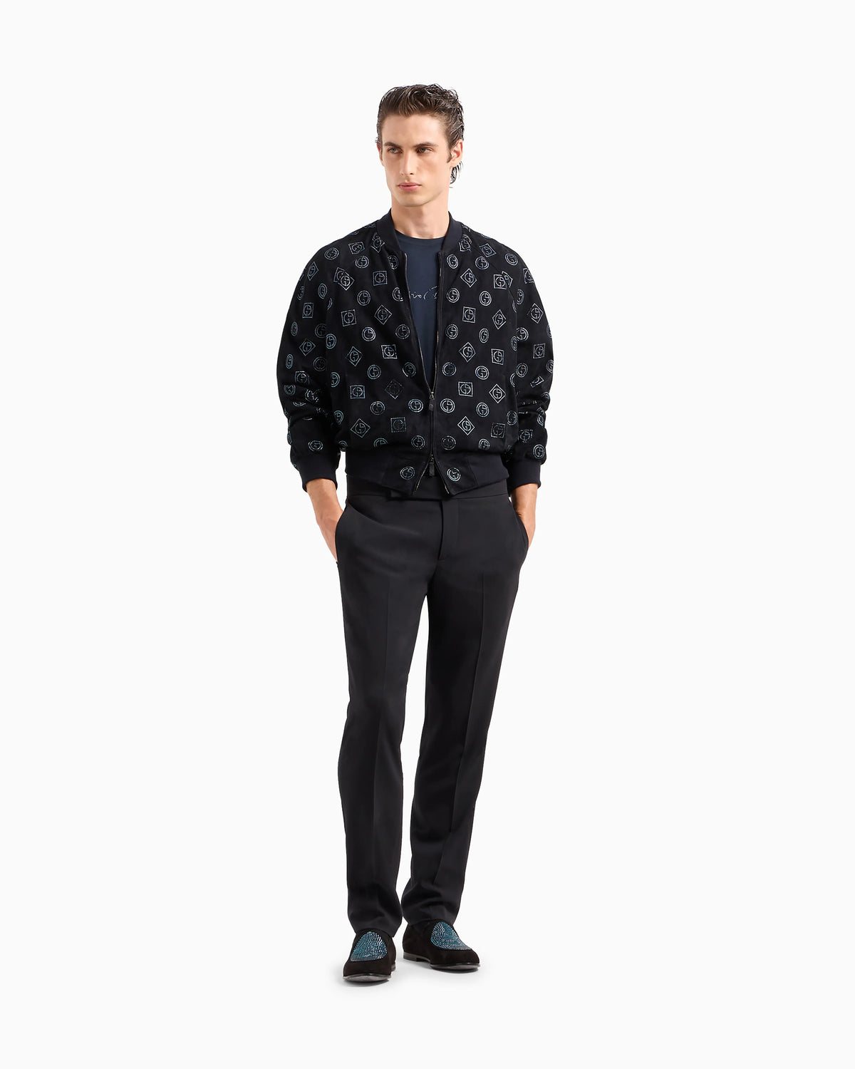Suede blouson with all-over rhinestone monogram