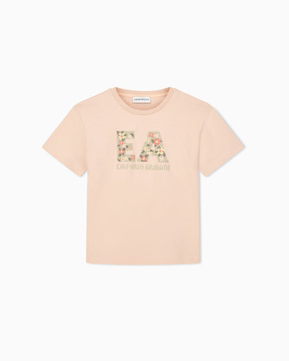 Cotton jersey T-shirt with a cross-stitch floral motif