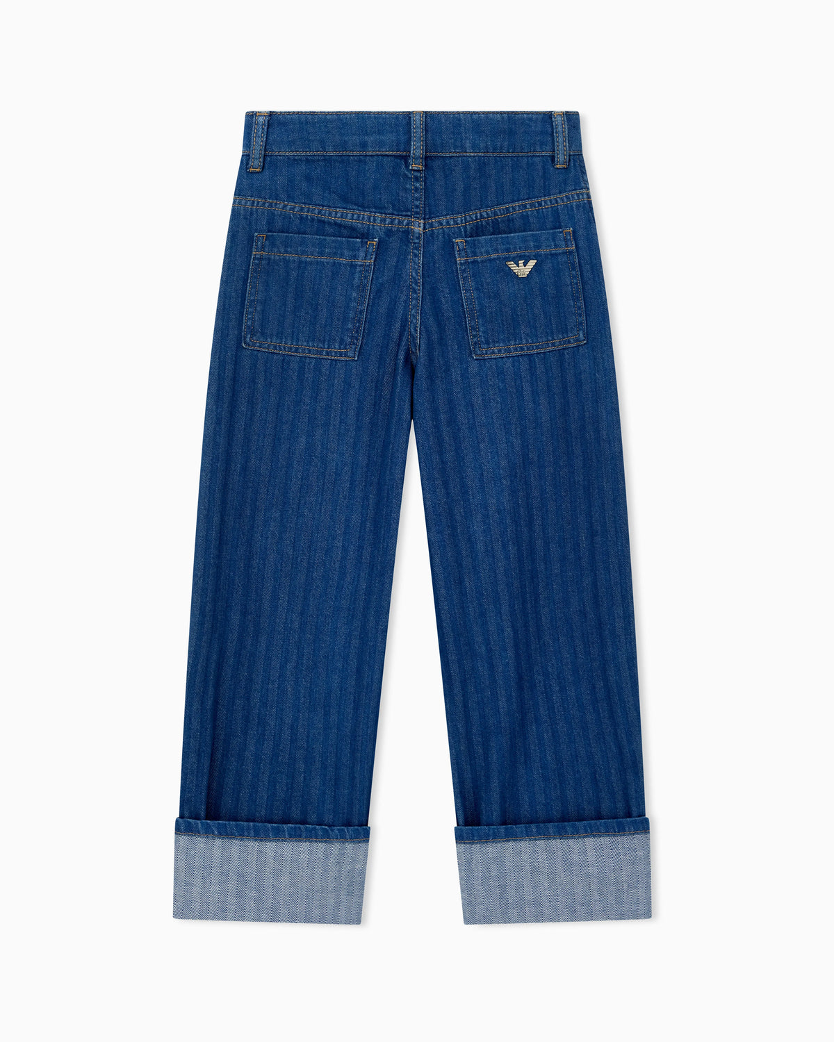 Wide-leg denim jeans with vertical stripes and a cuffed hem
