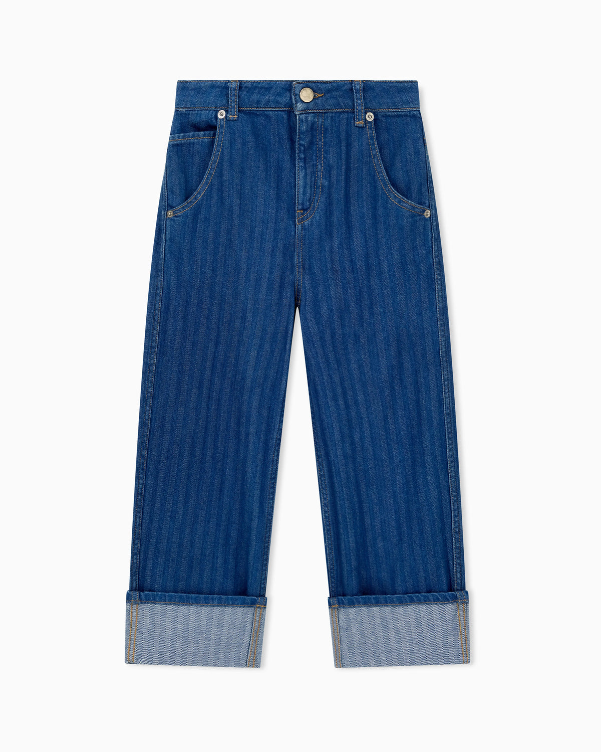 Wide-leg denim jeans with vertical stripes and a cuffed hem