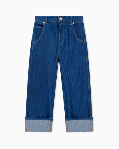 Wide-leg denim jeans with vertical stripes and a cuffed hem