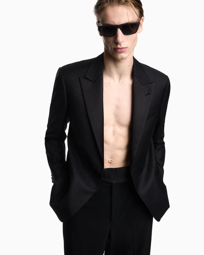 Tuxedo jacket in jacquard virgin wool with satin lapels