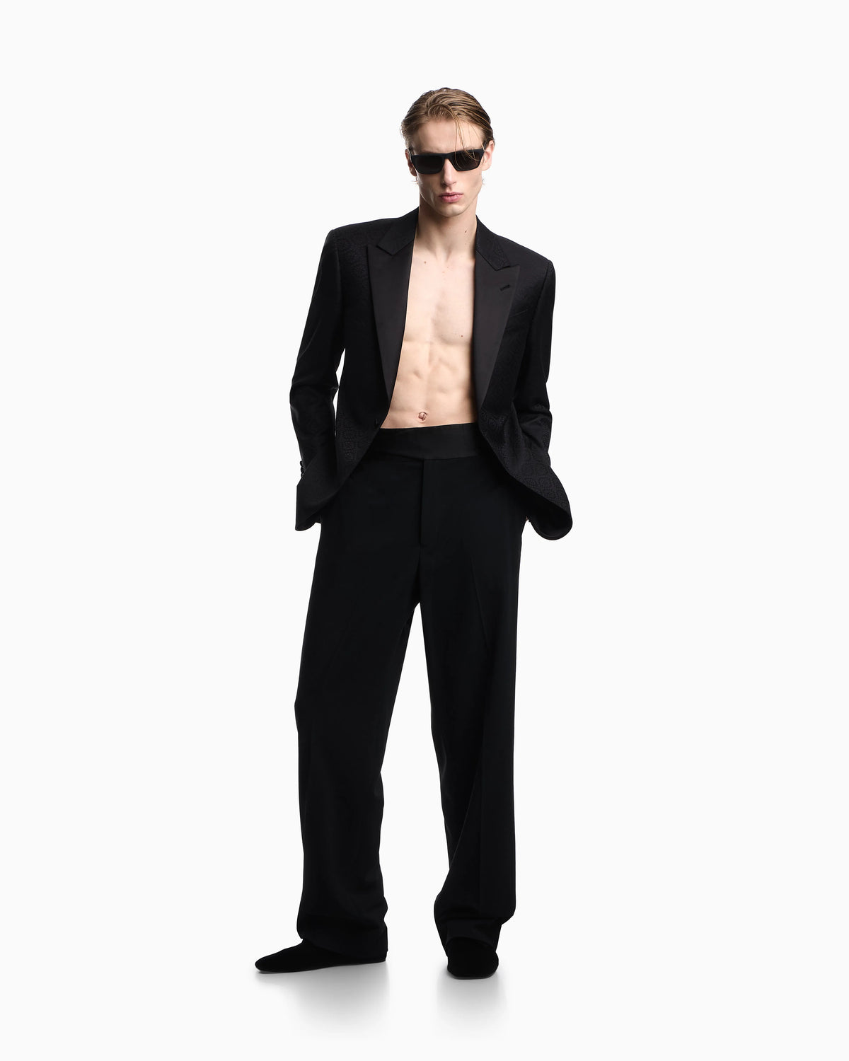 Tuxedo jacket in jacquard virgin wool with satin lapels
