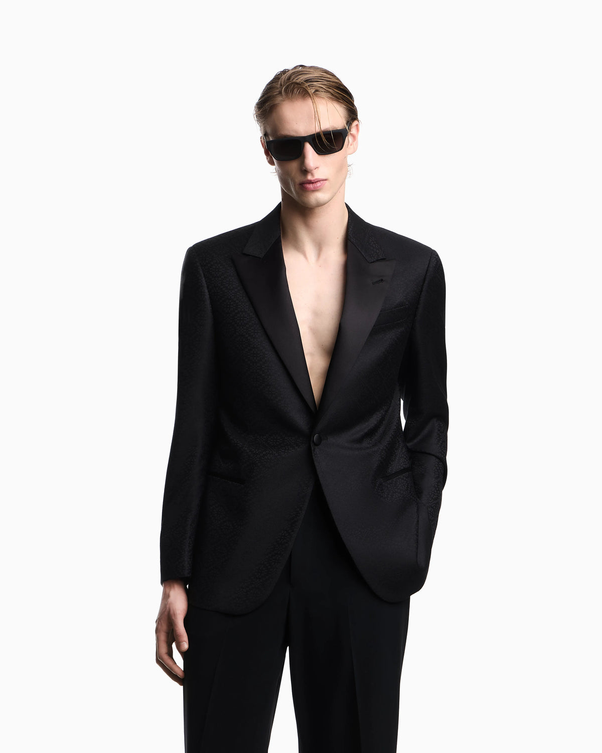 Tuxedo jacket in jacquard virgin wool with satin lapels