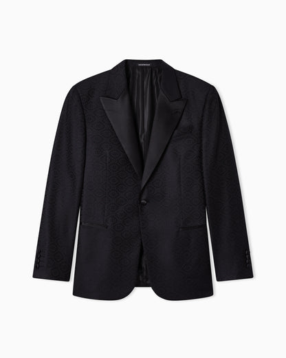 Tuxedo jacket in jacquard virgin wool with satin lapels