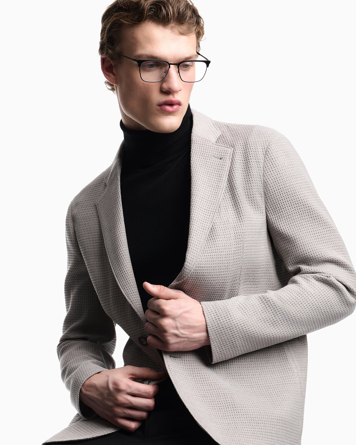 Single-breasted jacket in 3D waffle-effect wool jersey