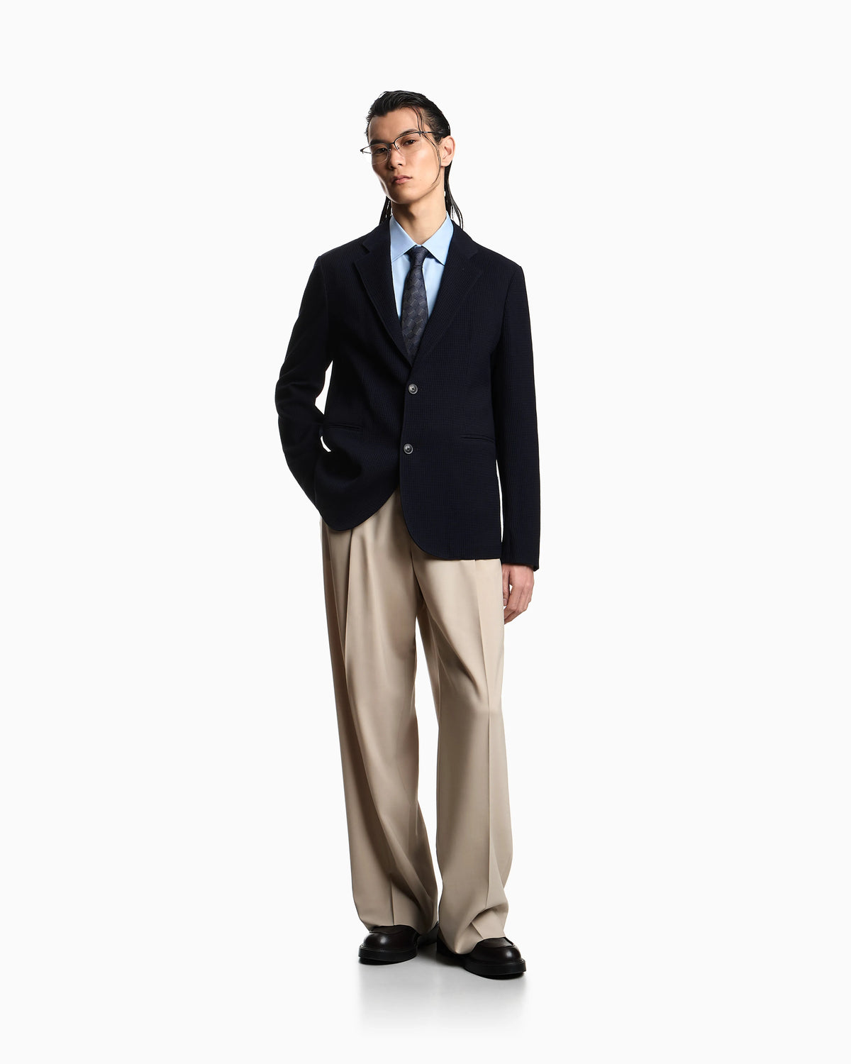 Single-breasted jacket in 3D waffle-effect wool jersey