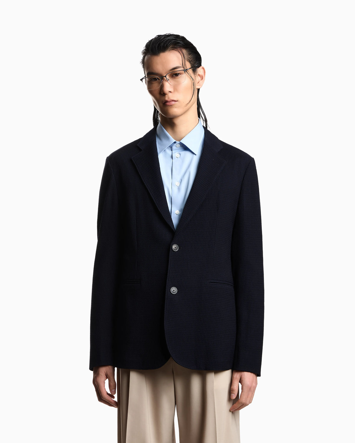 Single-breasted jacket in 3D waffle-effect wool jersey