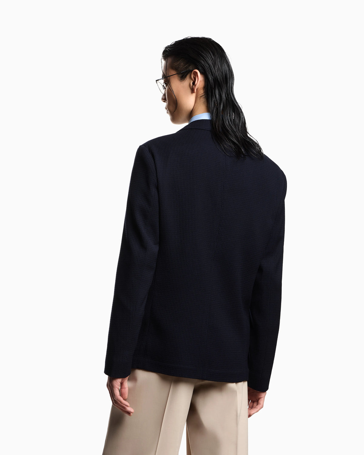 Single-breasted jacket in 3D waffle-effect wool jersey