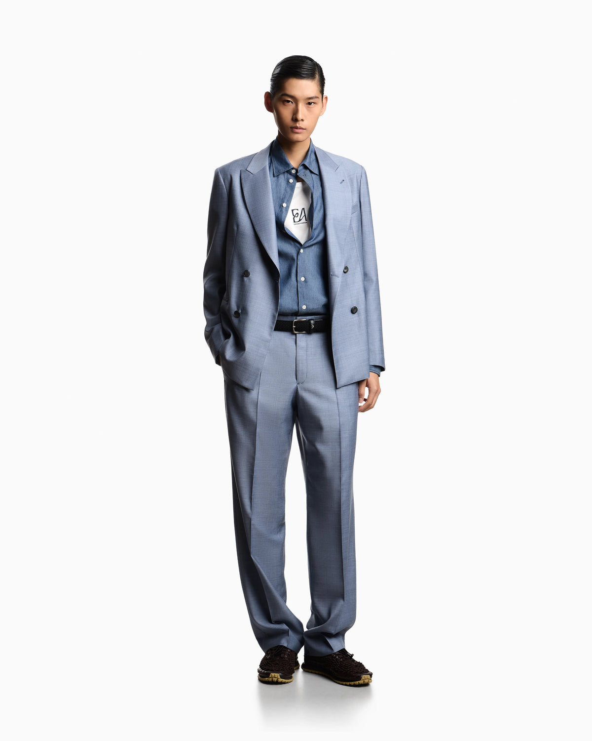 Denim-effect cotton chambray shirt with a classic collar