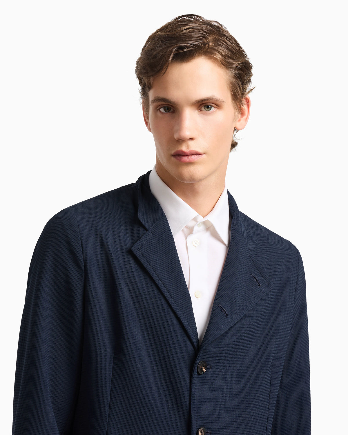 Icon guru-collar jacket with off-centre fastening, in three-dimensional piqué-effect crêpe jersey