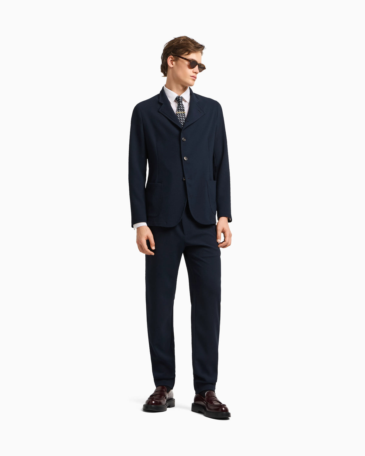 Icon guru-collar jacket with off-centre fastening, in three-dimensional piqué-effect crêpe jersey