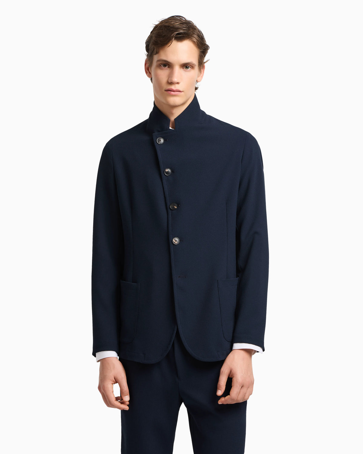 Icon guru-collar jacket with off-centre fastening, in three-dimensional piqué-effect crêpe jersey