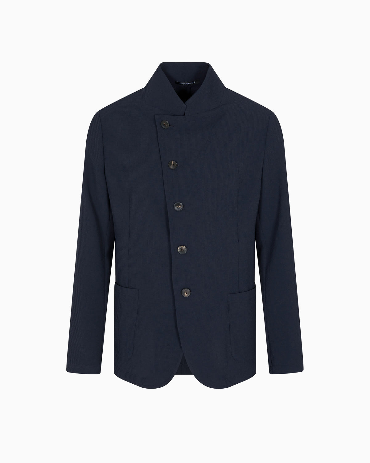 Icon guru-collar jacket with off-centre fastening, in three-dimensional piqué-effect crêpe jersey