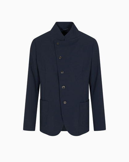 Icon guru-collar jacket with off-centre fastening, in three-dimensional piqué-effect crêpe jersey