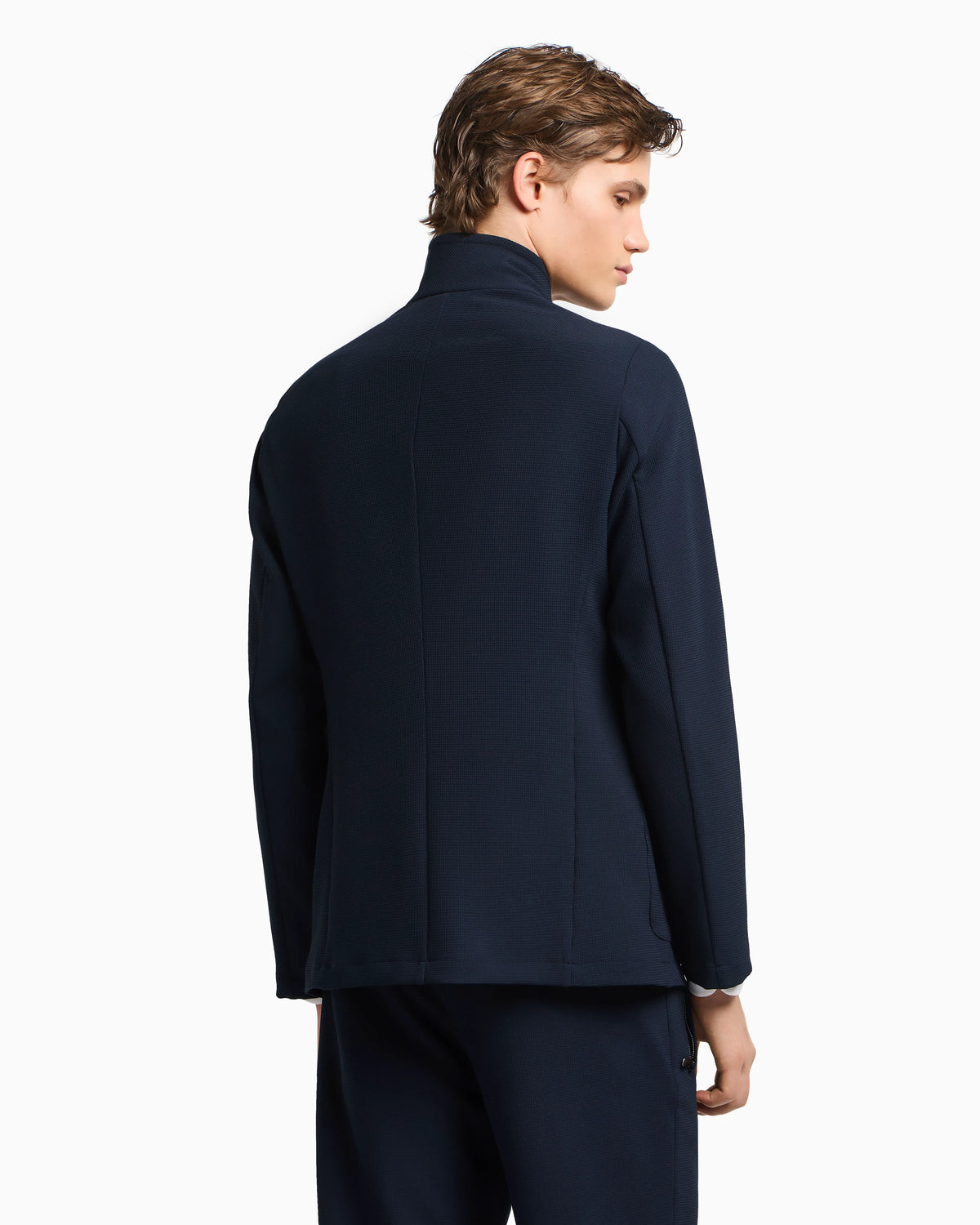 Icon guru-collar jacket with off-centre fastening, in three-dimensional piqué-effect crêpe jersey