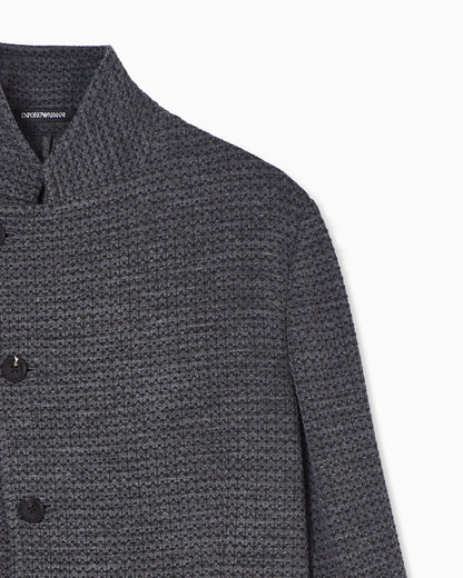 Guru-collar jacket with off-centre fastening in a 3D jersey knit
