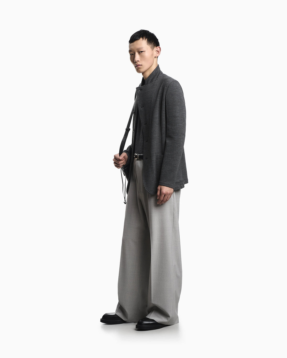 Guru-collar jacket with off-centre fastening in a 3D jersey knit