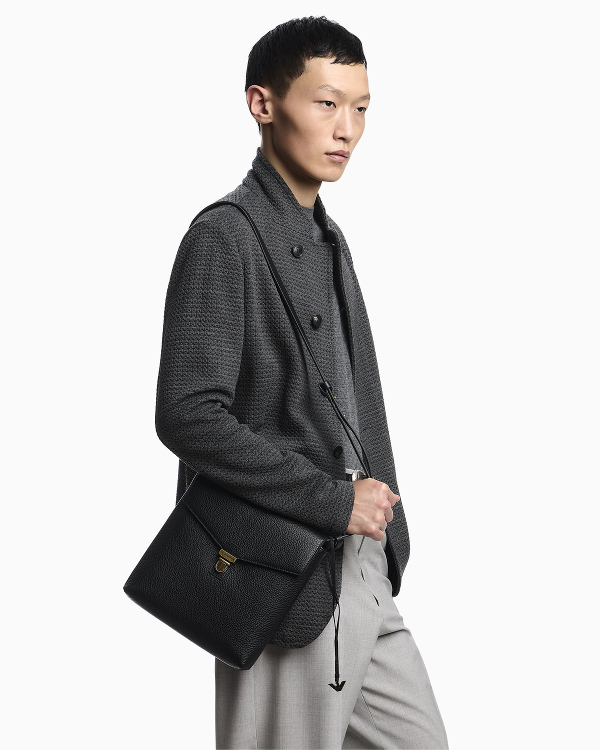 Guru-collar jacket with off-centre fastening in a 3D jersey knit