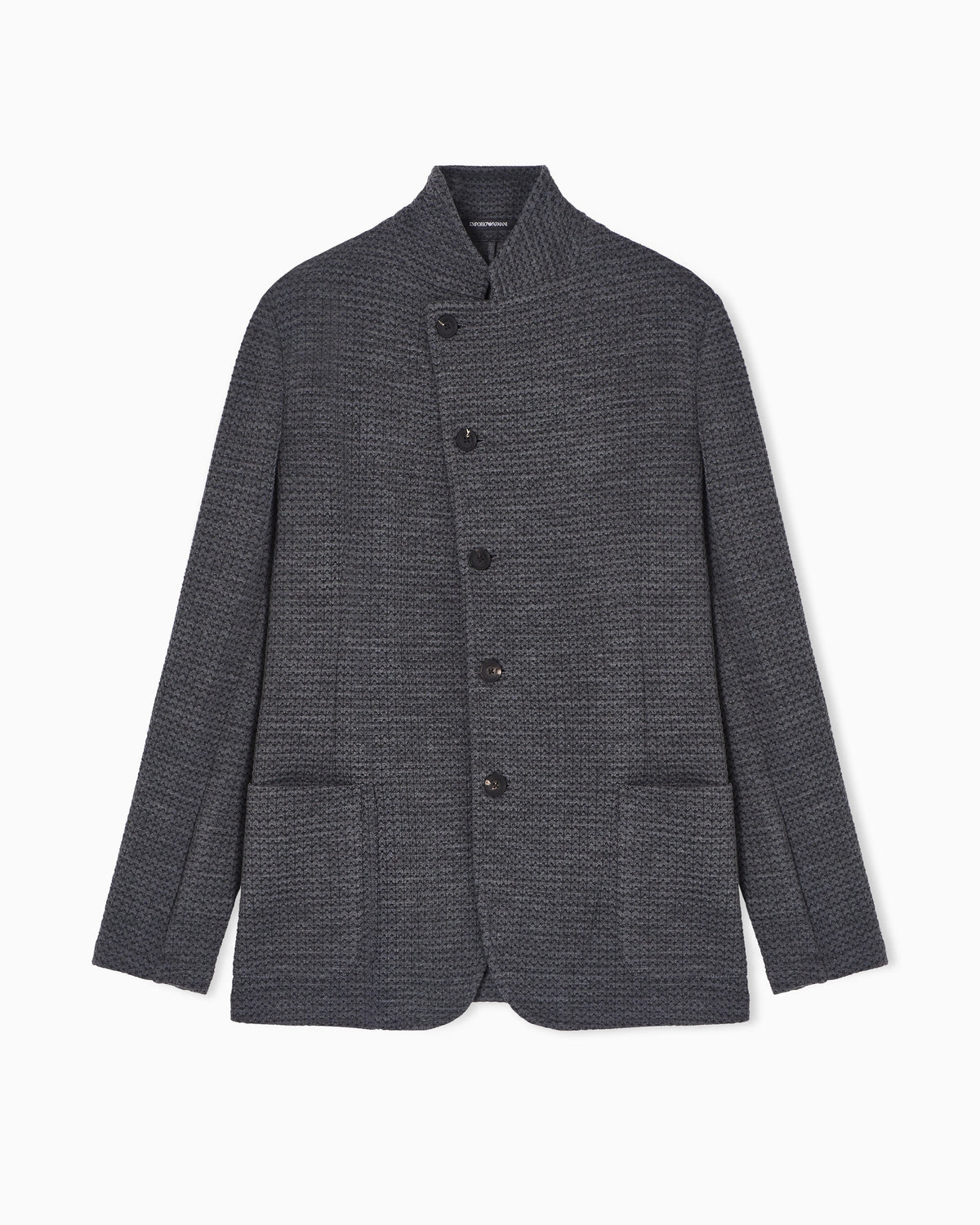 Guru-collar jacket with off-centre fastening in a 3D jersey knit