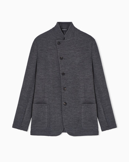Guru-collar jacket with off-centre fastening in a 3D jersey knit