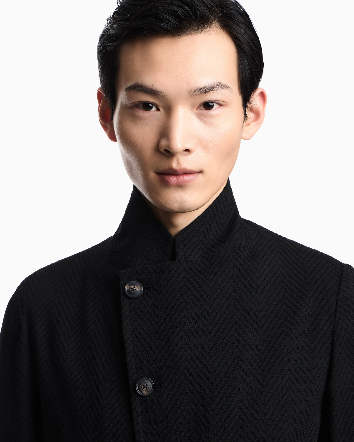 Guru collar jacket with off-centre fastening in 3D chevron virgin wool