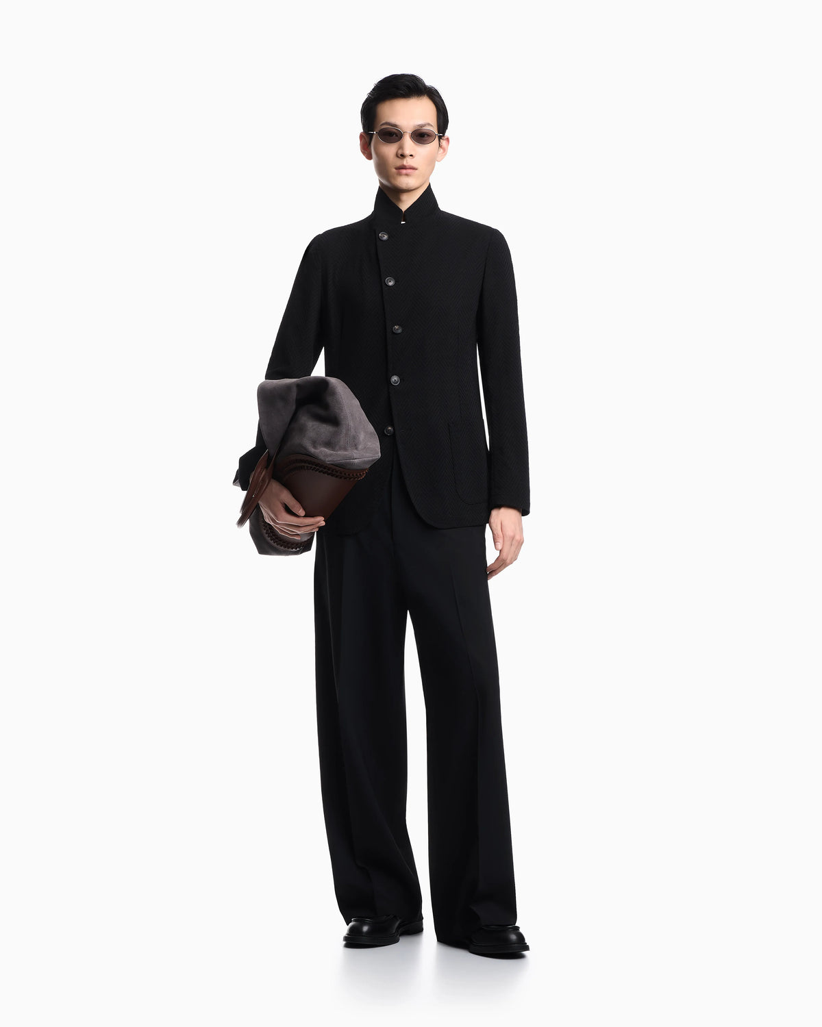 Guru collar jacket with off-centre fastening in 3D chevron virgin wool