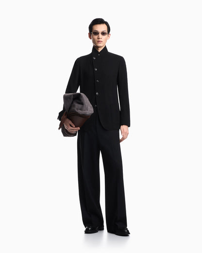 Guru collar jacket with off-centre fastening in 3D chevron virgin wool