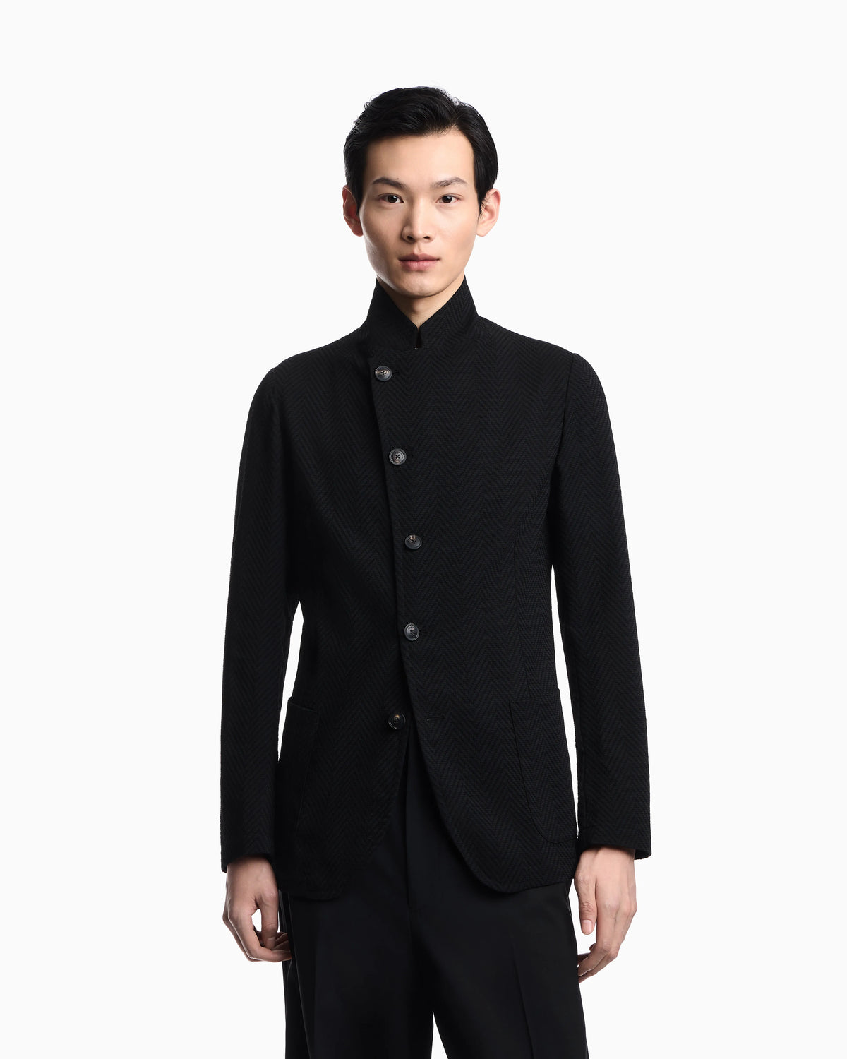 Guru collar jacket with off-centre fastening in 3D chevron virgin wool